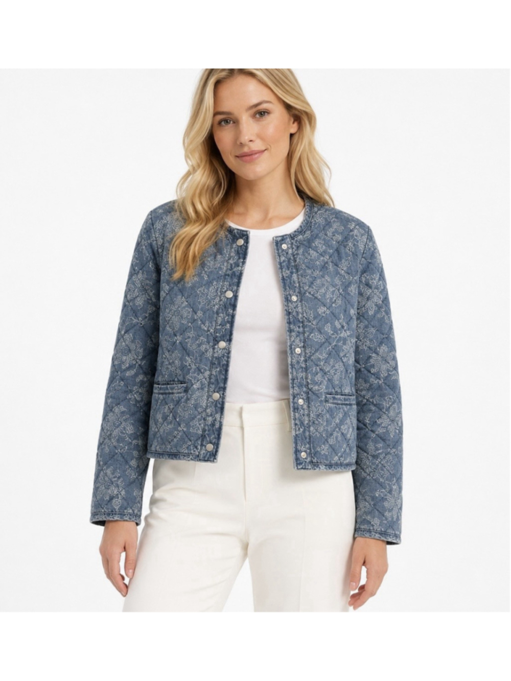 New Rachel Zoe Quilted Denim Snap Front Jacket Size:XL Cotton Floral Print